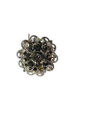 Vintage Rhinestone Cluster Brooch Silver Tone Black Clear Crystal Floral Pin 1 I